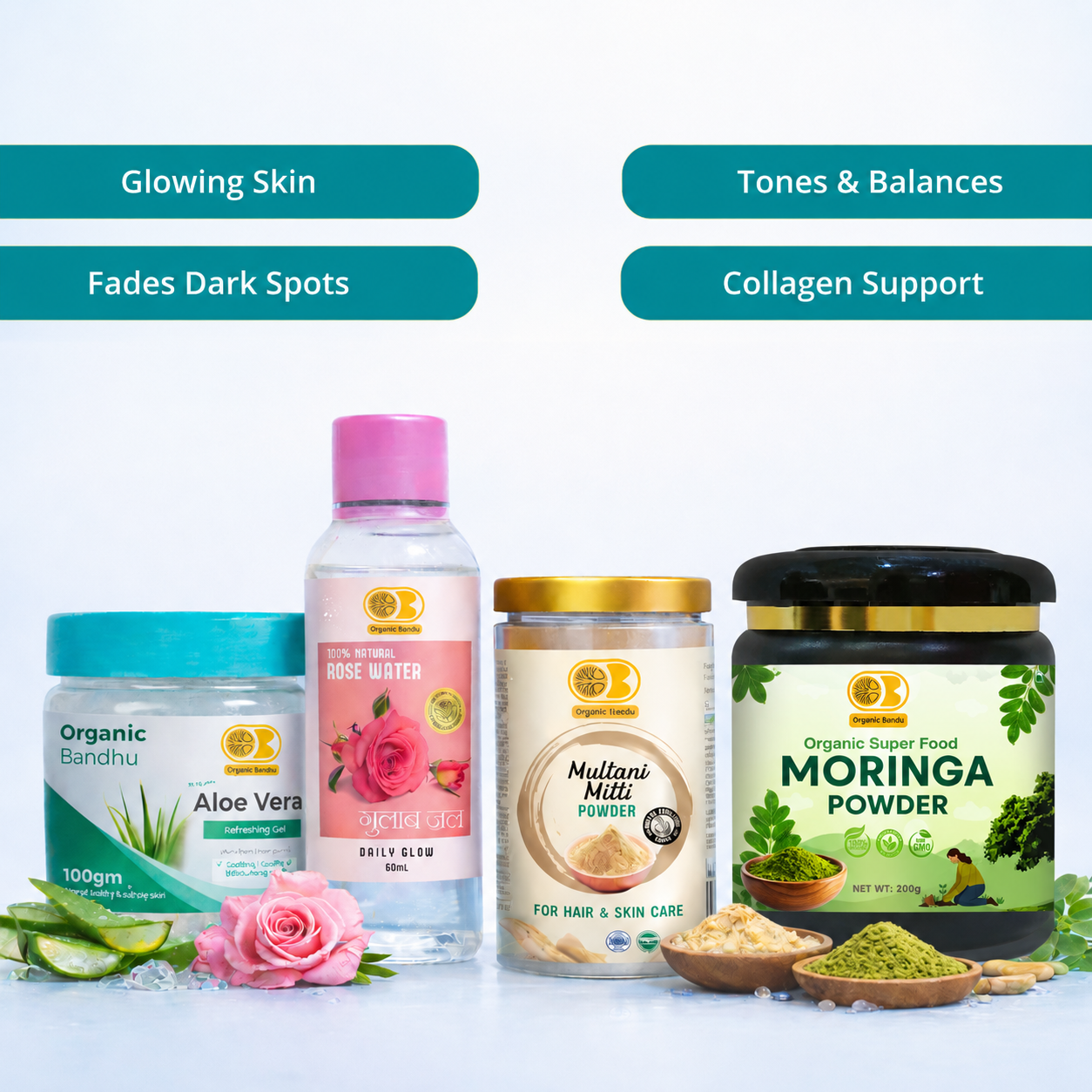 Complete Glow Skincare Set(Multani Mitti + Rose Water + Aloe Vera Gel + Moringa Powder 100g)
