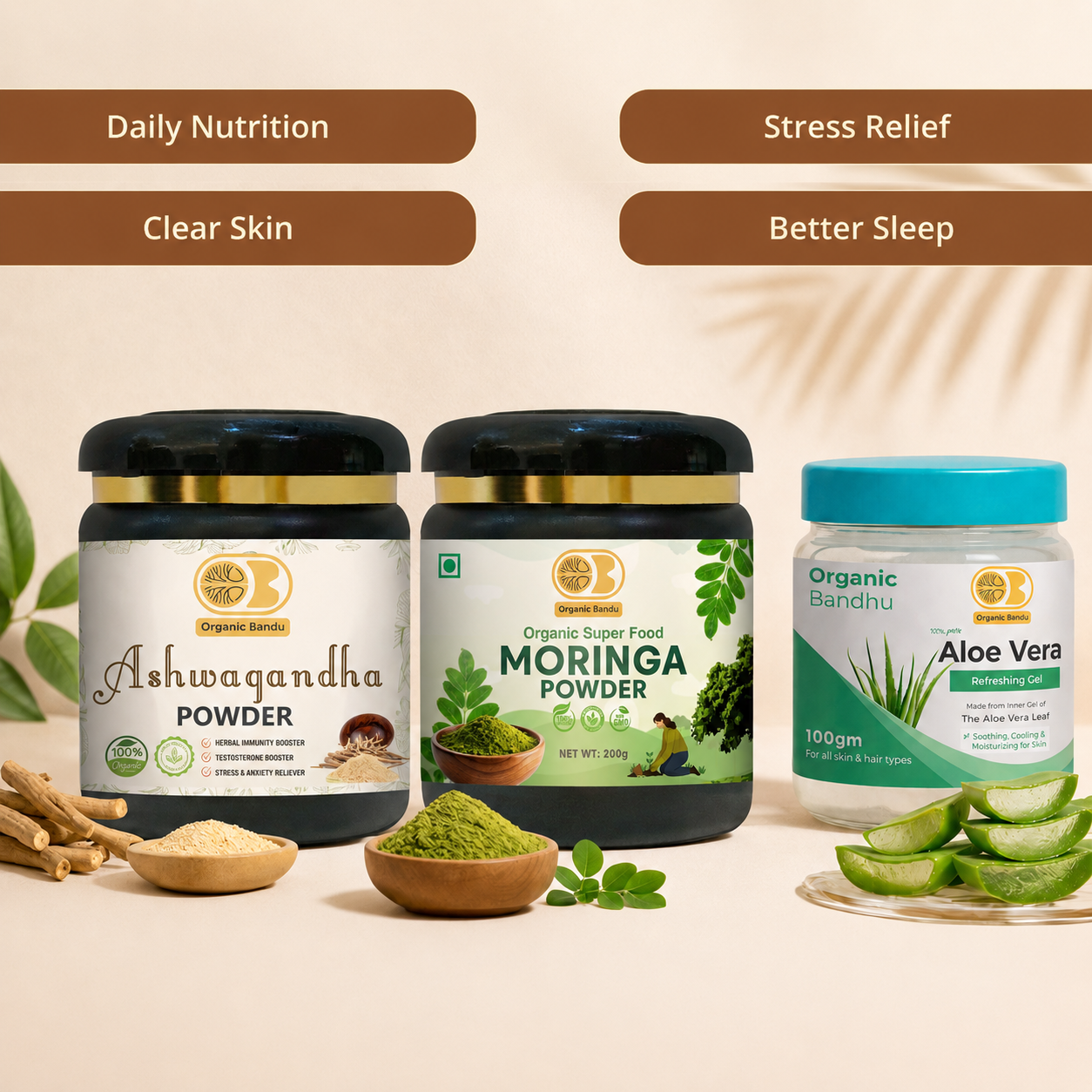 Starter Wellness Kit(Moringa Powder 200g + Ashwagandha Powder 200g + Aloe Vera Gel )