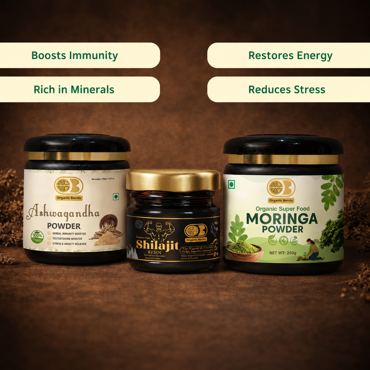 Immunity Shield Kit (Moringa Powder 200g + Shilajit Resin + Ashwagandha Powder )